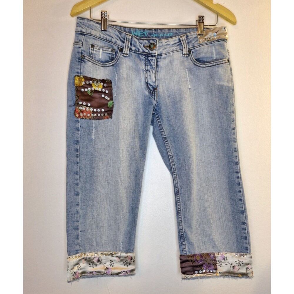 Vtg WET JEANS Denim Capri Jeans Women's Sz 29 Upcycled‎ 90's Y2K Boho Hipster